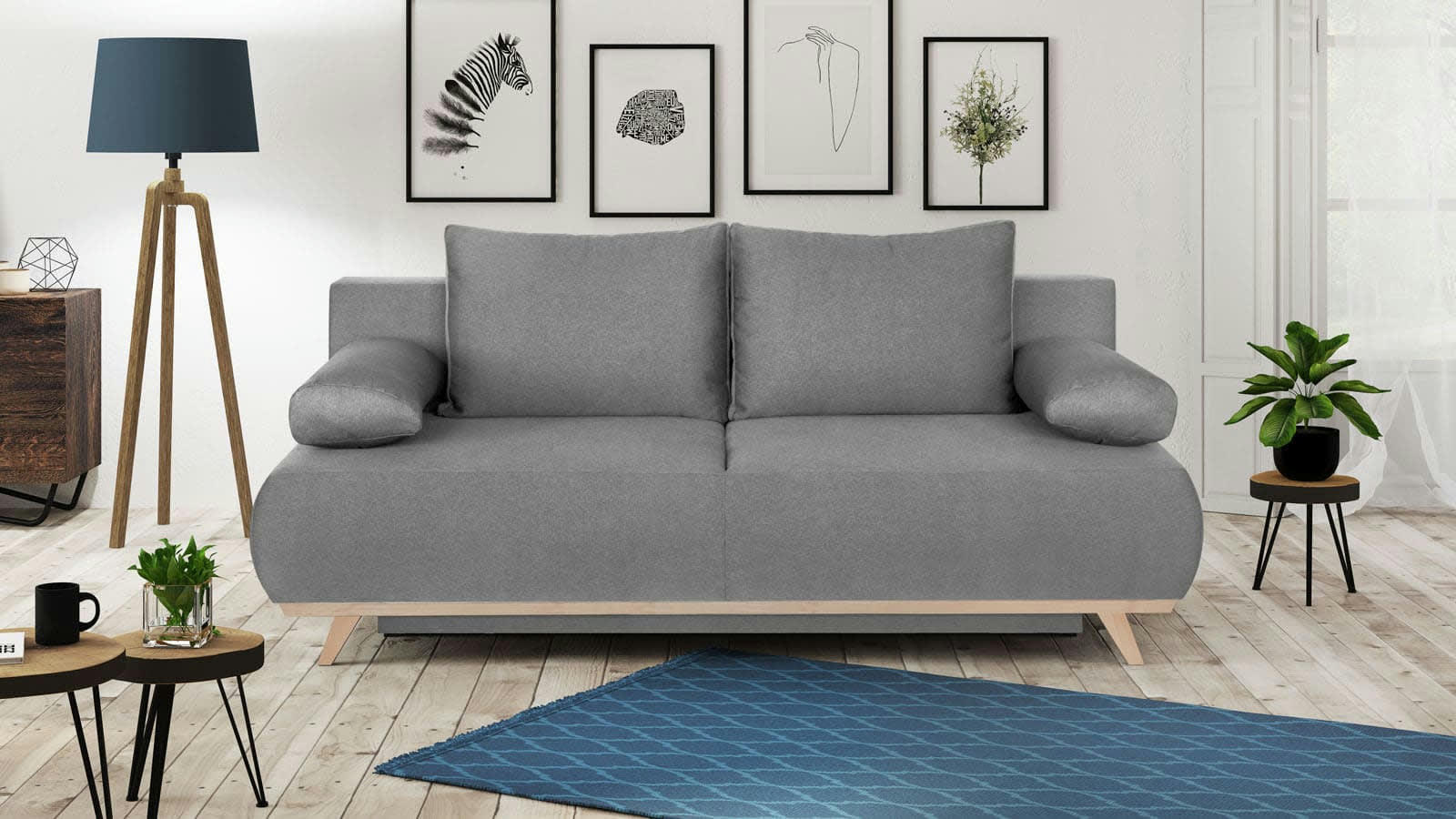 LARIA - Canapé convertible 3 places avec coffre de rangement en tissu gris