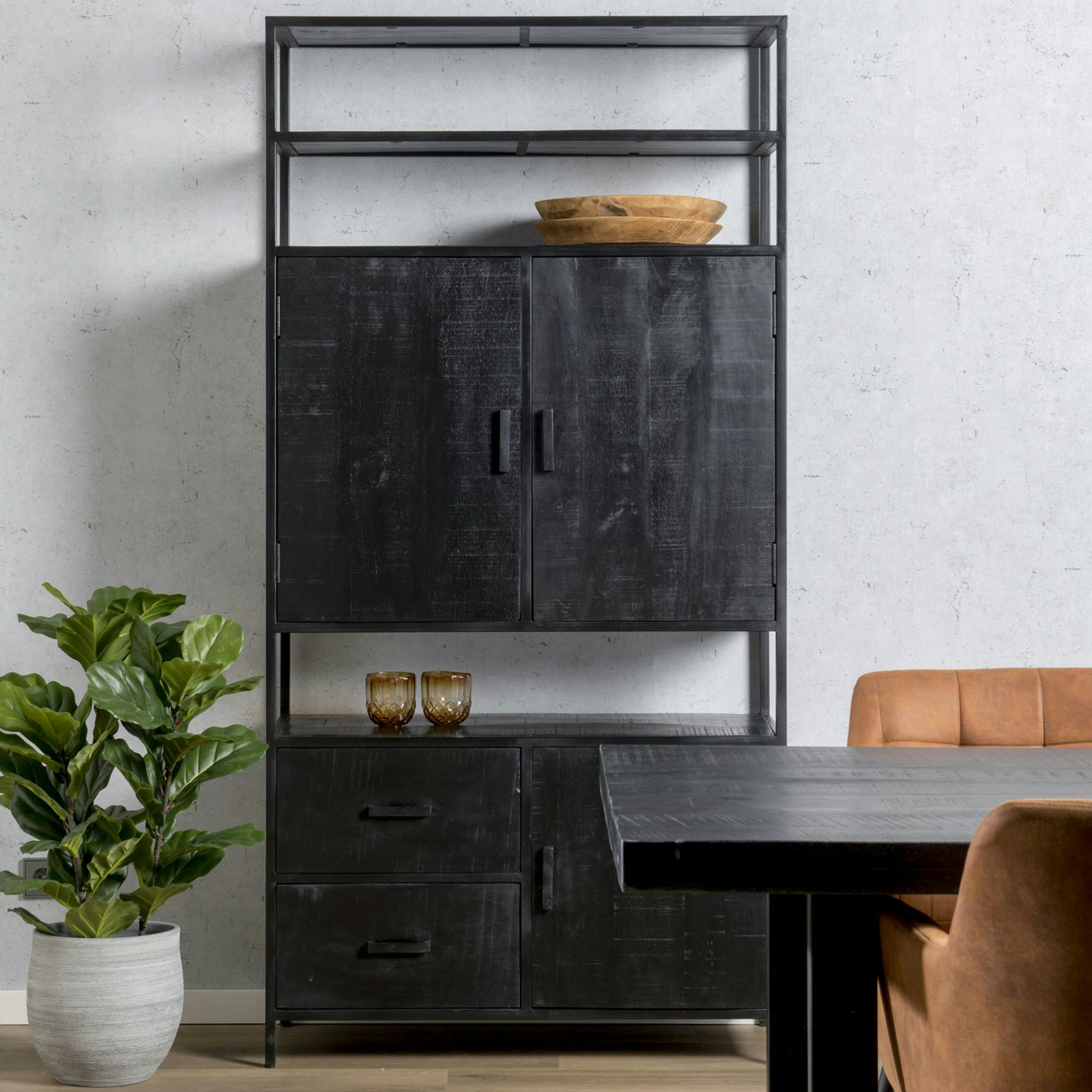UZES - UZES-Buffet haut 3 portes 2 tiroirs, Manguier massif noir et métal