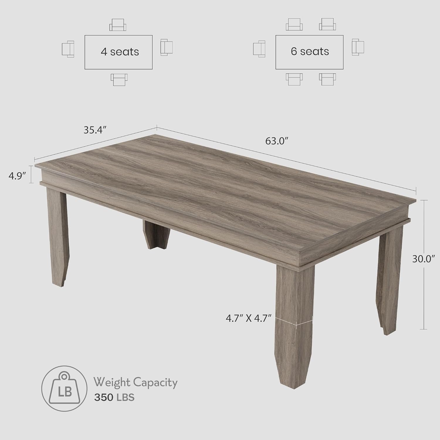 GarveeHome Farmhouse Dining Table for 4-6 People, 63 in Long Kitchen Tables with Wooden Sturdy Frame, 5 ft Large Rectangular Dinner Table for Dining Room, Kitchen, Grey Walnut, 63 Non-extendable
