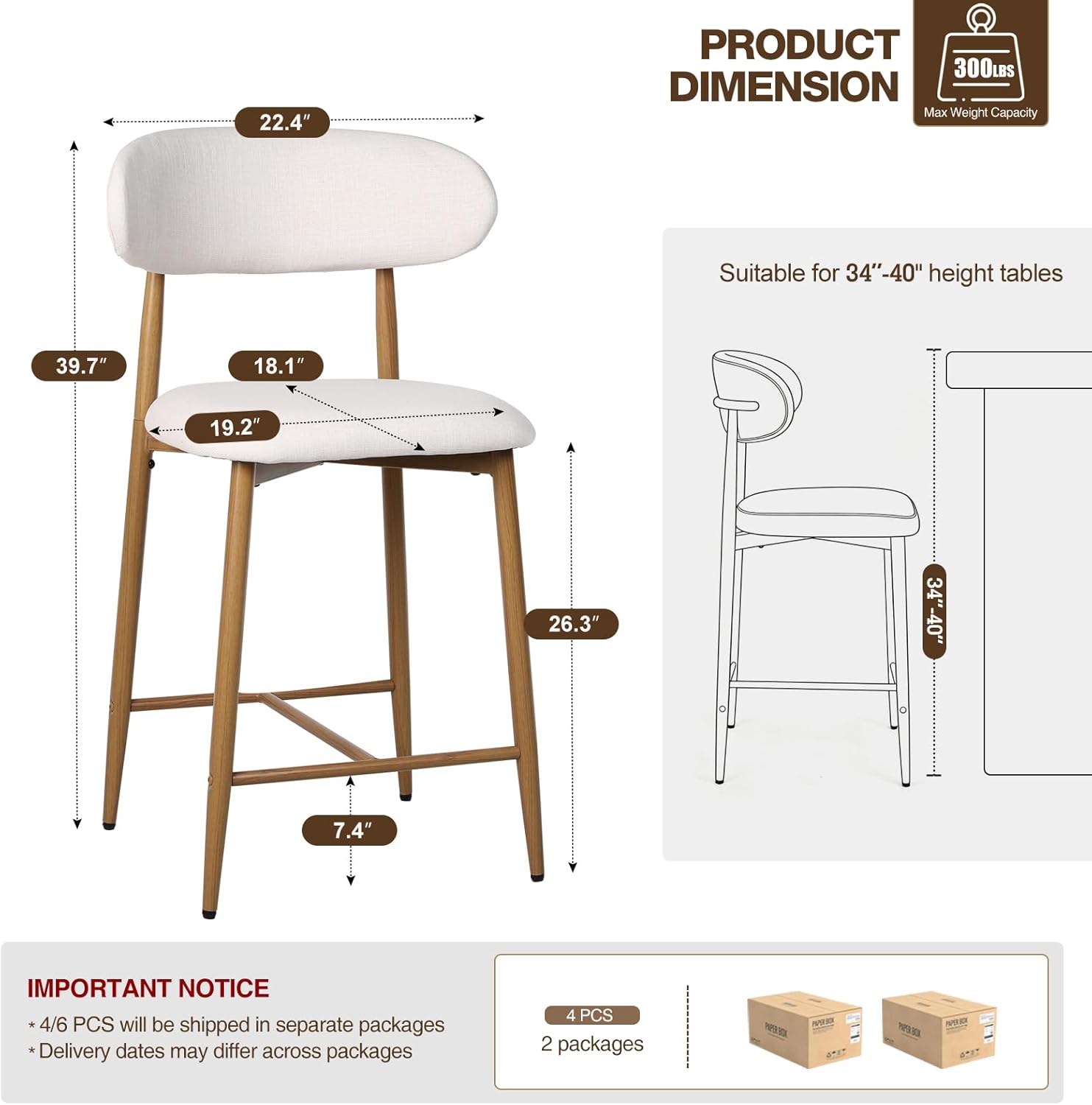 AQO Counter Height Bar Stools Set of 4, Upholstered Counter Stools Modern Barstools with Metal Legs for Kitchen Island Dining Room, Beige