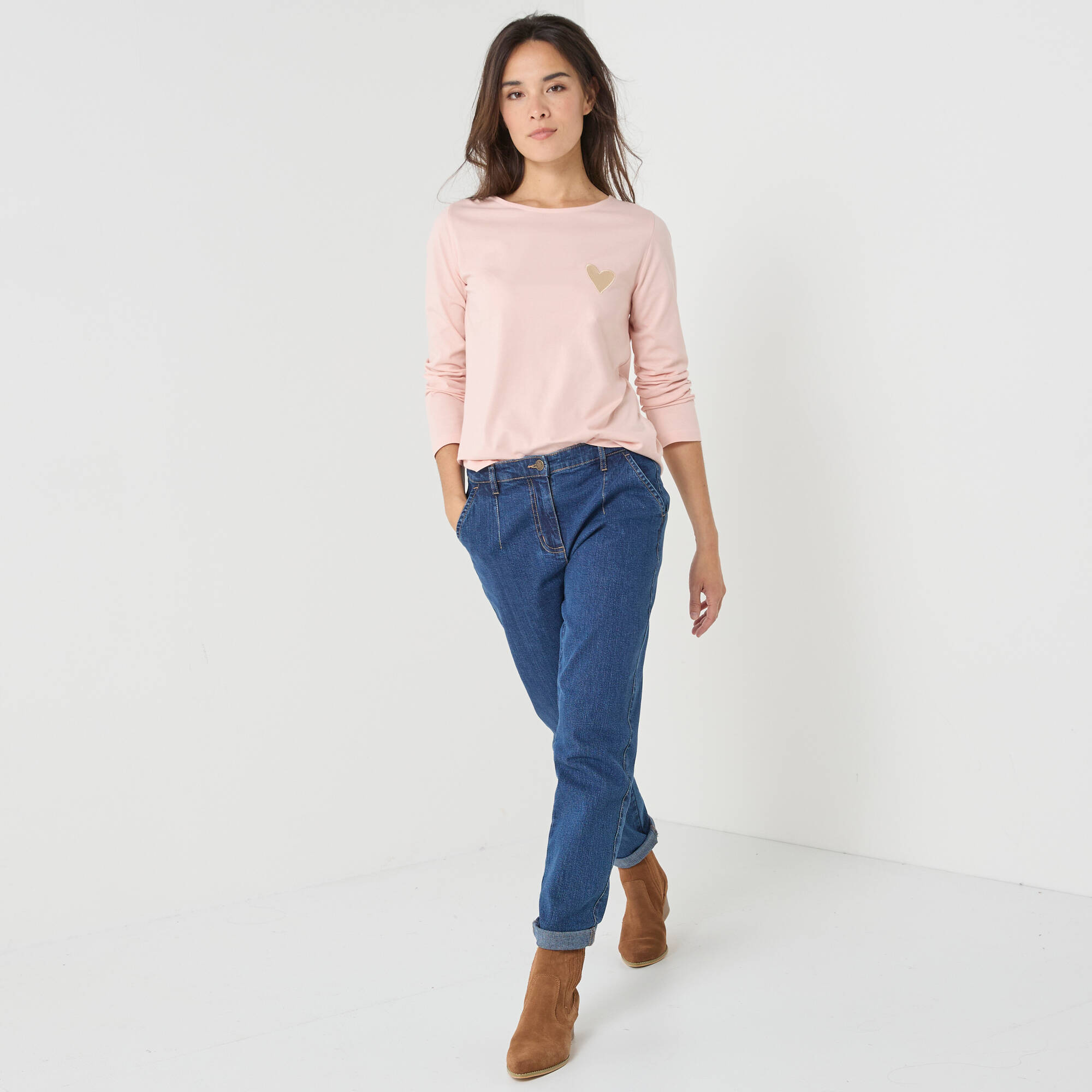 T-shirt marinière manches longues, brodé "cœur" uni ou imprimé léopard