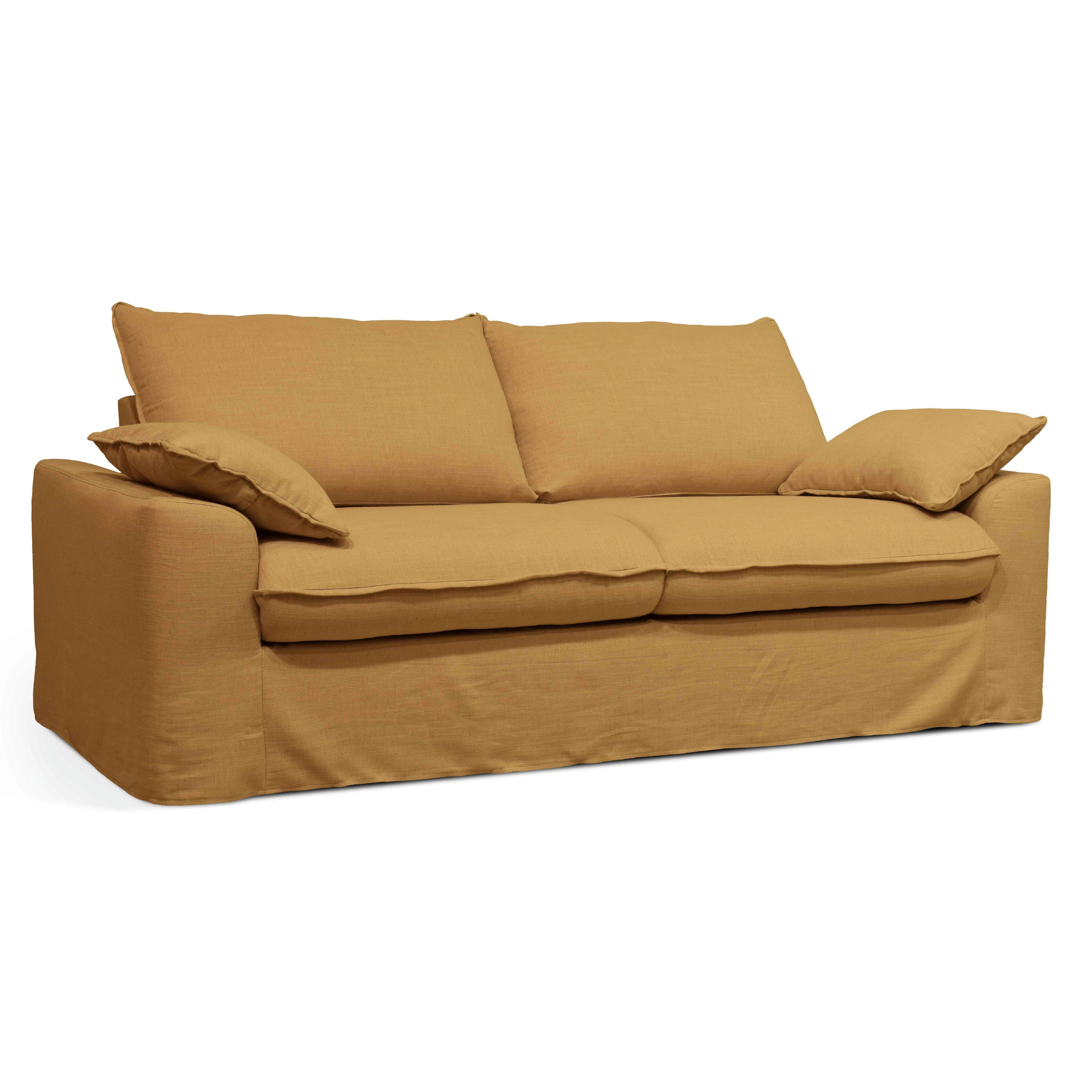 JAROD - Canapé tissu blanc 3 places avec une housse supplémentaire lin ocre