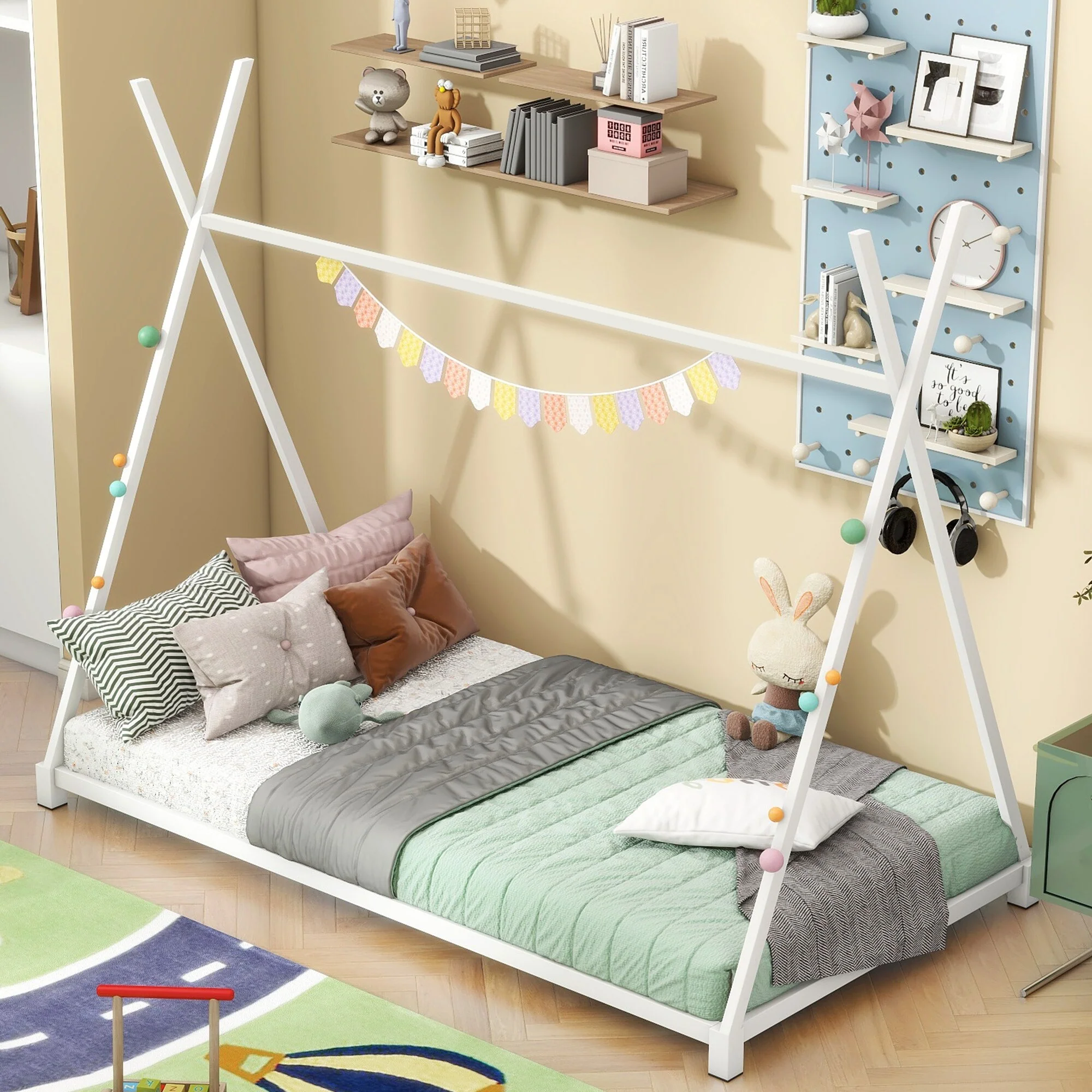 Twin Size Metal House Bed with Triangle Structure, Low Platform for Kids