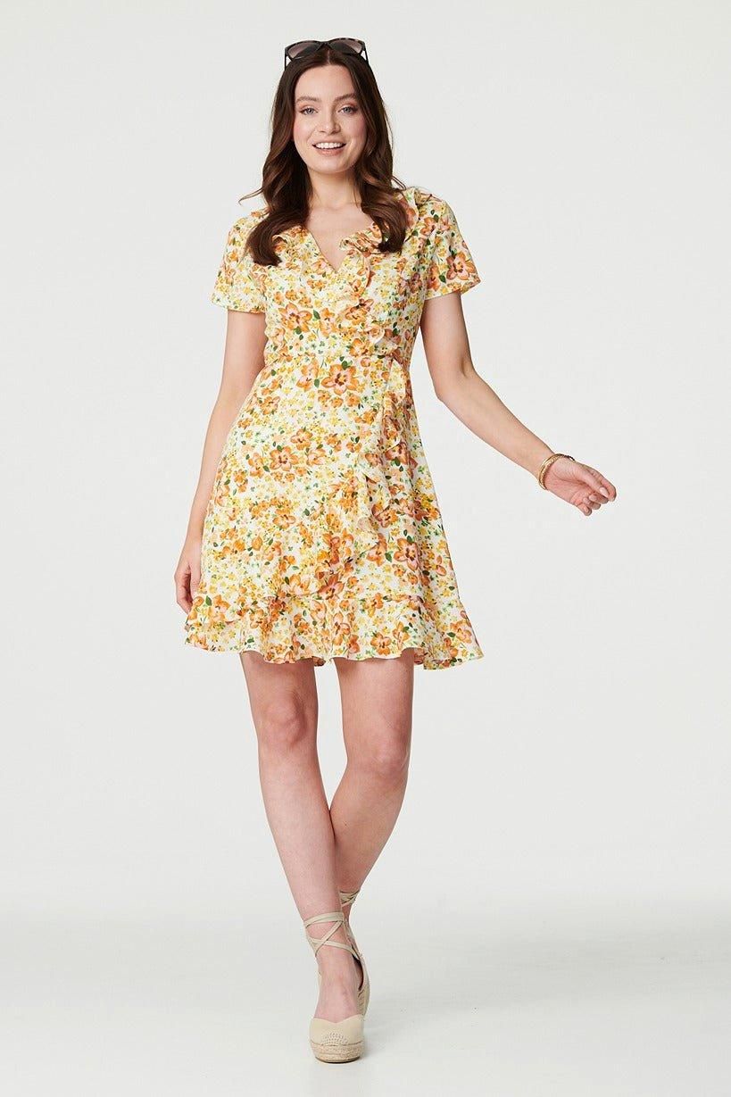 Izabel London Floral Print Ruffle Wrap Dress