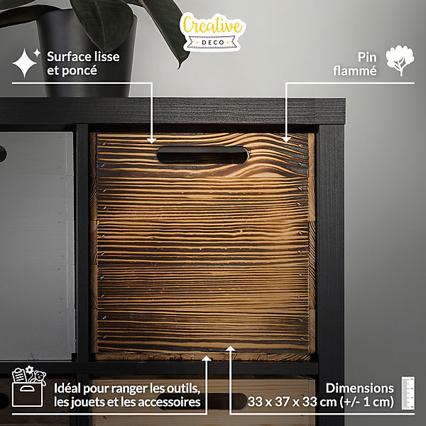 Creative Deco Caisse en Bois Flammé Compatible étagères KALLAX et EXPIDIT 33 x 37 x 33 cm - Cube de Rangement - Kallax Rangement