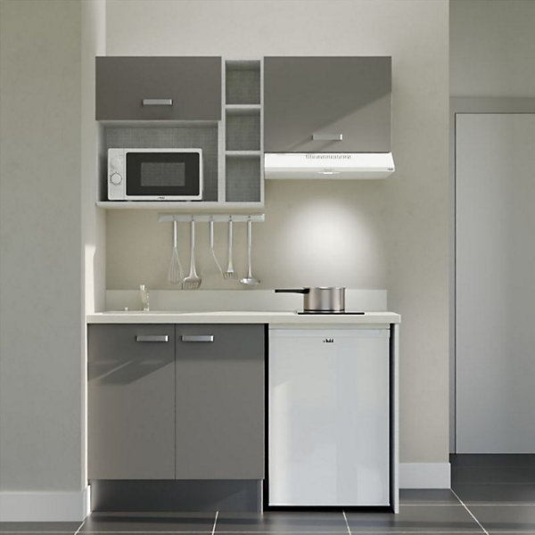 Kitchenette K13 - 140 cm - façades Gris - Plan monobloc en quartz coloris Snova évier à gauche - Electroménager Blanc