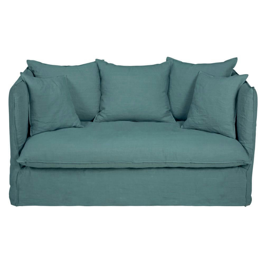 Louvain - Housse de canapé 2 places en lin froissé bleu céladon