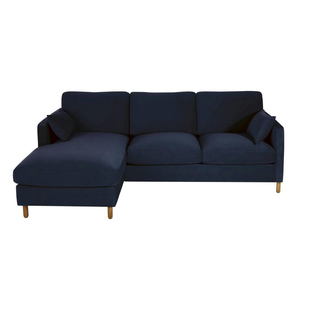 Julian - Canapé d'angle gauche convertible 5 places en velours bleu nuit, matelas 10 cm