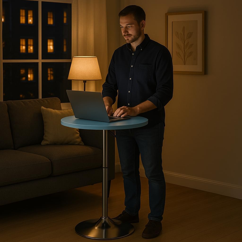 Magshion 23.5 Round Adjustable Height Bar Table, 27.5-36 Range, 360° Swivel MDF Top Pub Table for Dining, Café, Cocktail, Blue