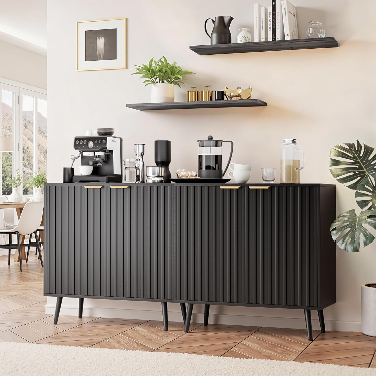 Vrullu Modern Storage Cabinet, Black Sideboard and Buffet Storage, Wood Accent Cabinet for Living Room, Hallway, Entryway, Dining Room (1, Black+Gold)