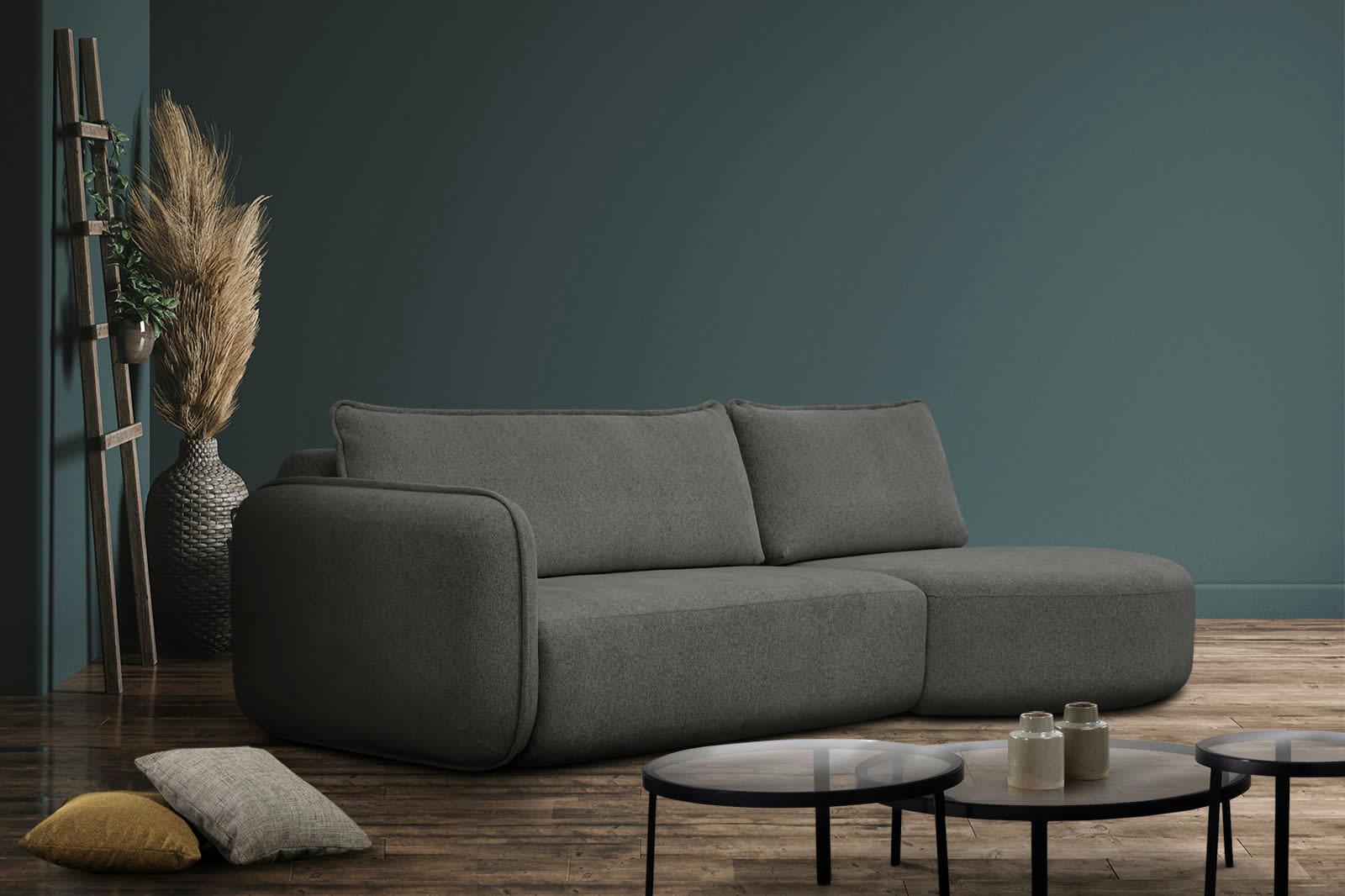 IPSUM - Canapé d'angle droit 3 places avec l'île tissu gris foncé