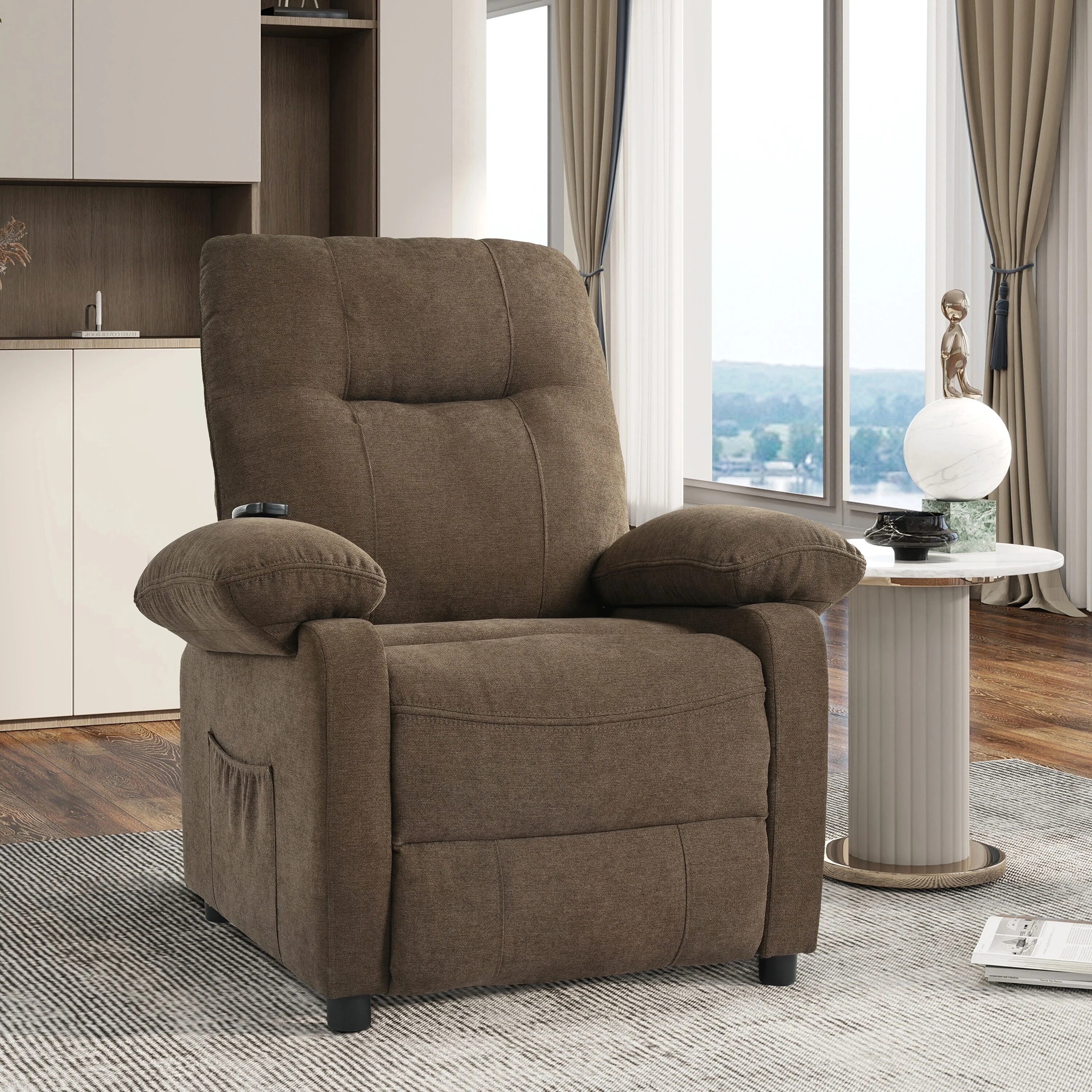 Upholstered Manual Recliner with Massage, Lumbar Heating, Pillow Top Arms, Side Pockets