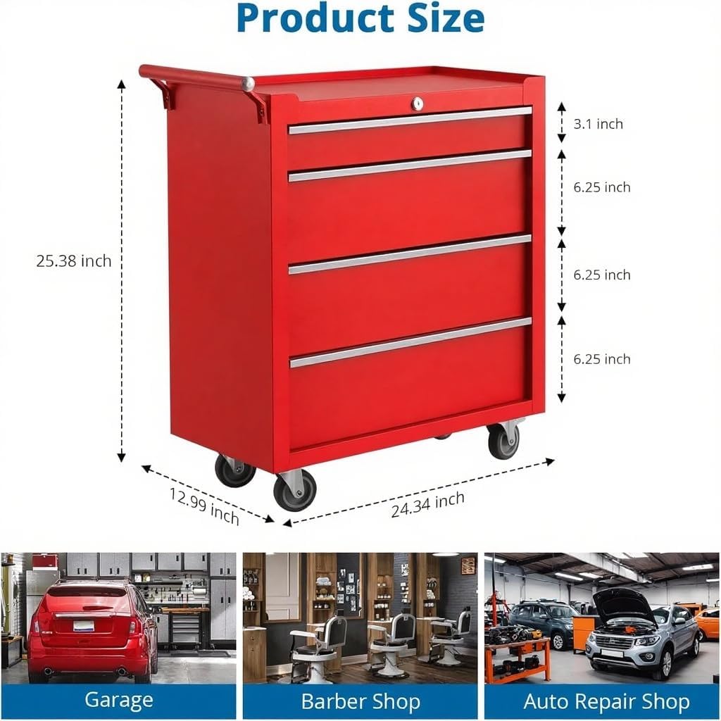 Heavy-Duty Rolling Tool Chest with 4 Lockable Drawers, Featuring a Sturdy Metal Cabinet and Smooth-Wheeling Mobility, Includes Protective Drawer Liners for Secure Storage