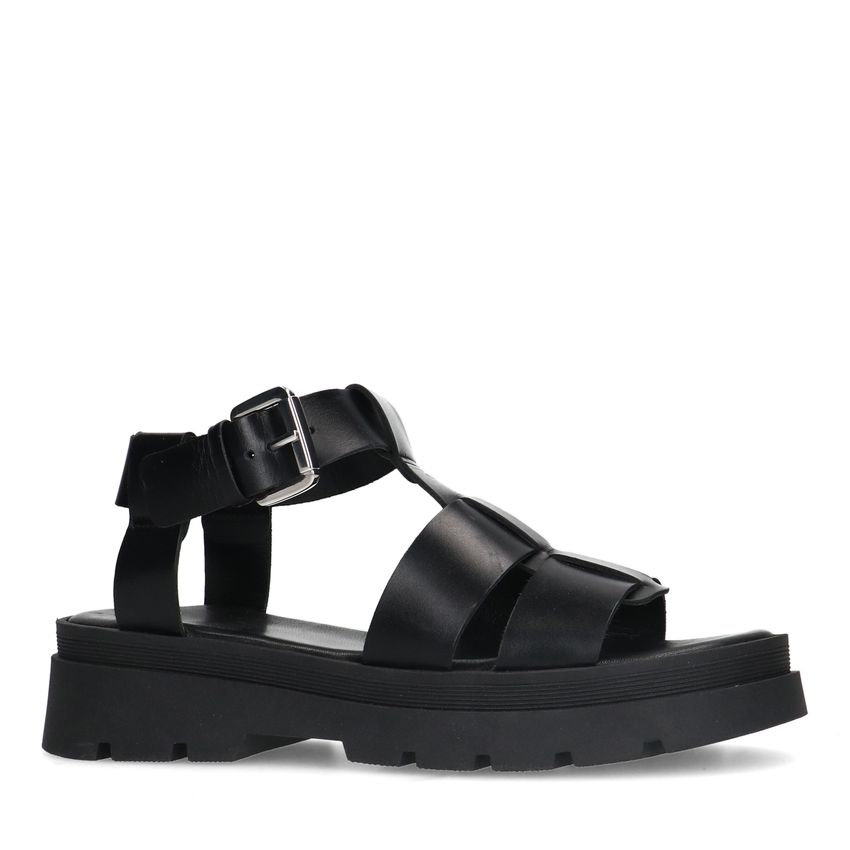 Manfield Zwarte leren sandalen