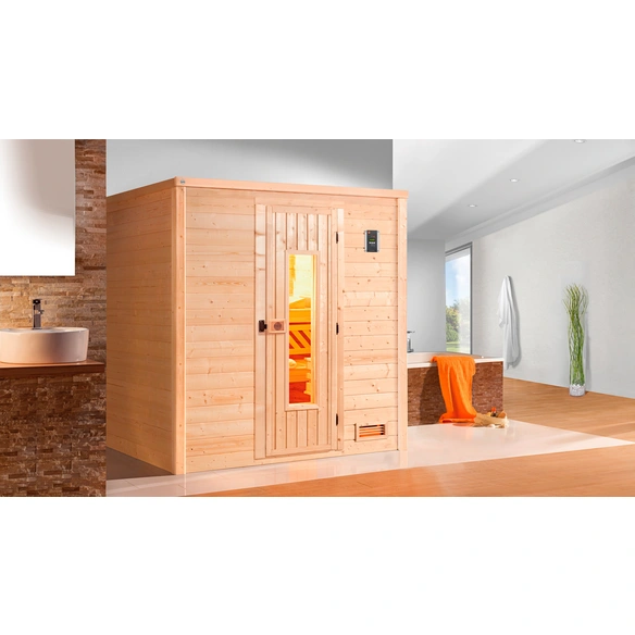 Massivholzsauna »BERGEN 1.8«, 6 Personen, inkl. 5,4 kW Ofen mit integrierter Steuerung