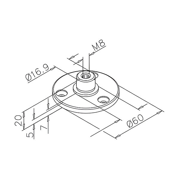 2 x Embase femelle taraudée M8 pour tube diam. 19 / 25,4 mm - 3 vis de fixation - Zamac aspect inox brossé