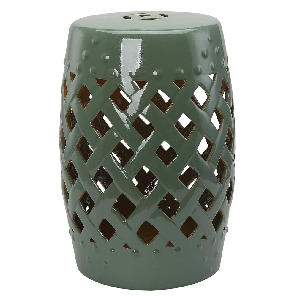 Outsunny 13 Heavy Duty Multi-Use Ceramic Garden Stool / Round Side Table / Foot Rest with Lattice Ring Design Green