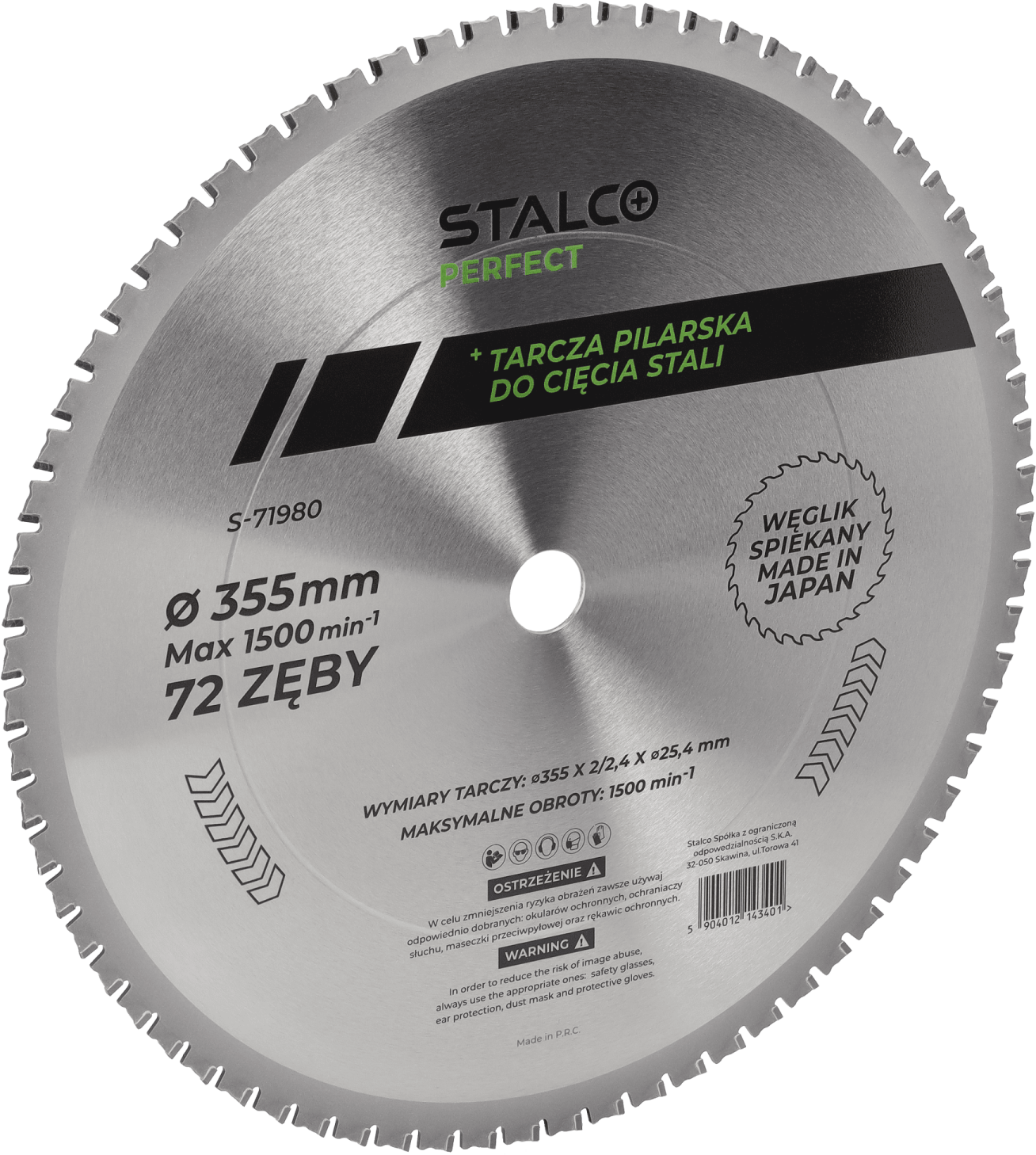 Tarcza pilarska do cięcia stali ø355 x 2/2,4 x ø25,4 , 72 z , max. 1500 rpm STALCO PERFECT S-71980