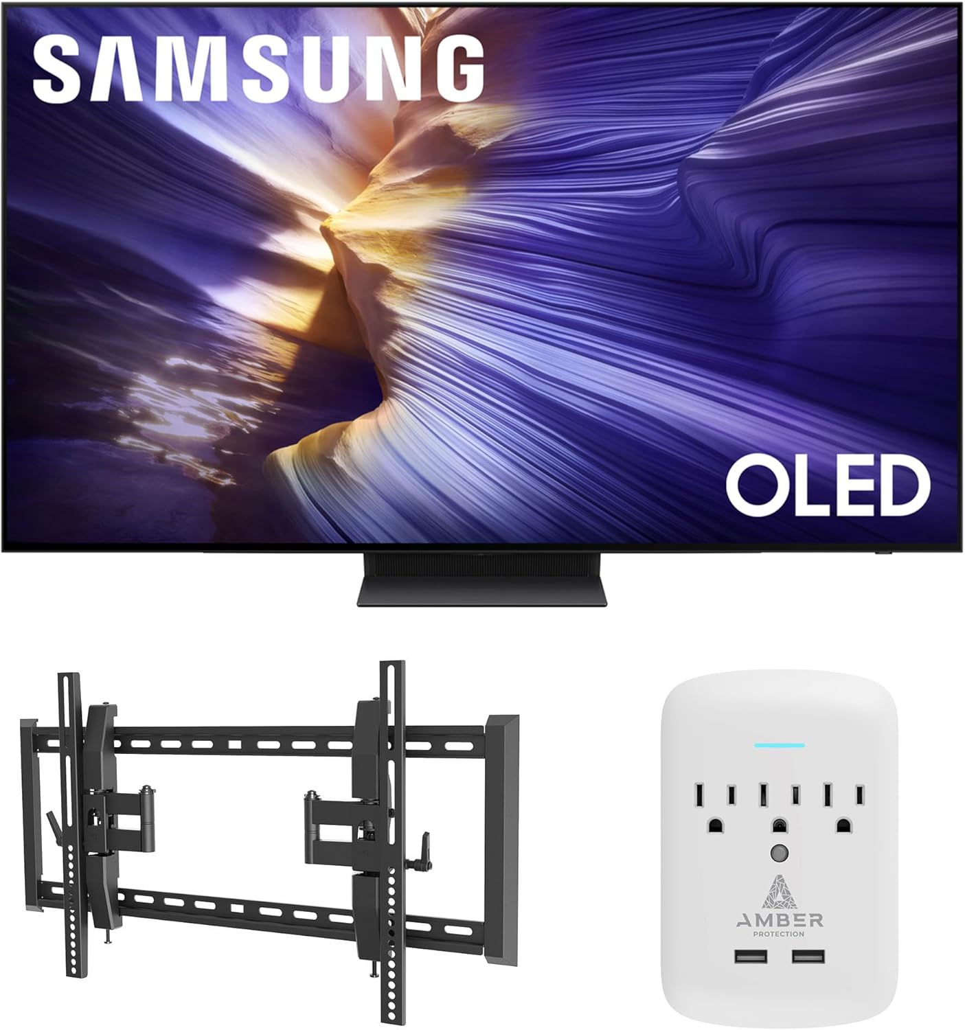 Samsung QN65S90FAFXZA 65 Inch 4K OLED Smart TV with a Walts TILT-EXTENSION-37-90 Tilt Mount for 37-90 TVs and Amber Protection 3-Outlet-Surge Surge Protector (2025)