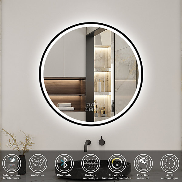 Miroir Salle de Bain rond LED 80x80 cm - Anti-Buée, Bluetooth, Horloge, Installation Murale Facile