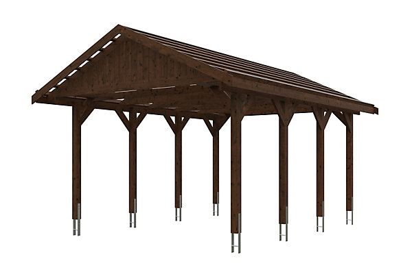 Carport SKAN HOLZ Wallgau 430 x 600 cm, traitement coloré noyer, avec lattis