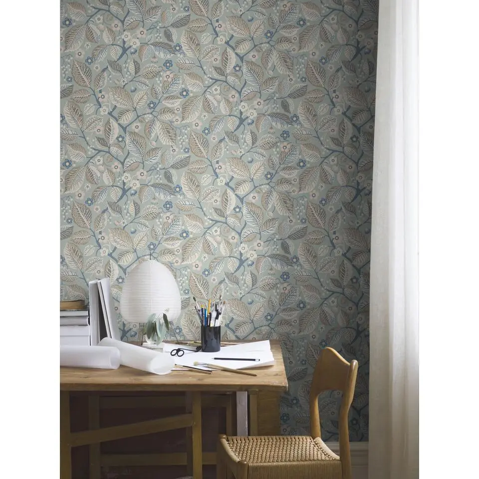 Borastapeter behang bladeren en bloemen blauw en bruin - 53 cm x 10.05 m