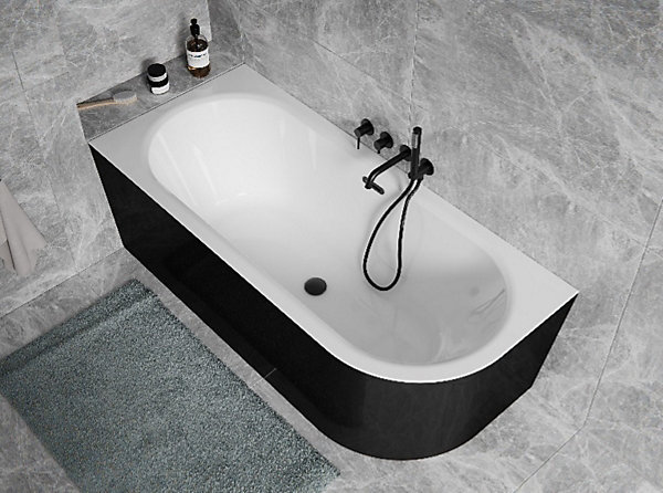 Baignoire d'angle Noir et Blanc   Siphon Chrome et Vidage inclus   Repose tête-AVITA S CLASSE - GAUCHE - 150 x 75 cm