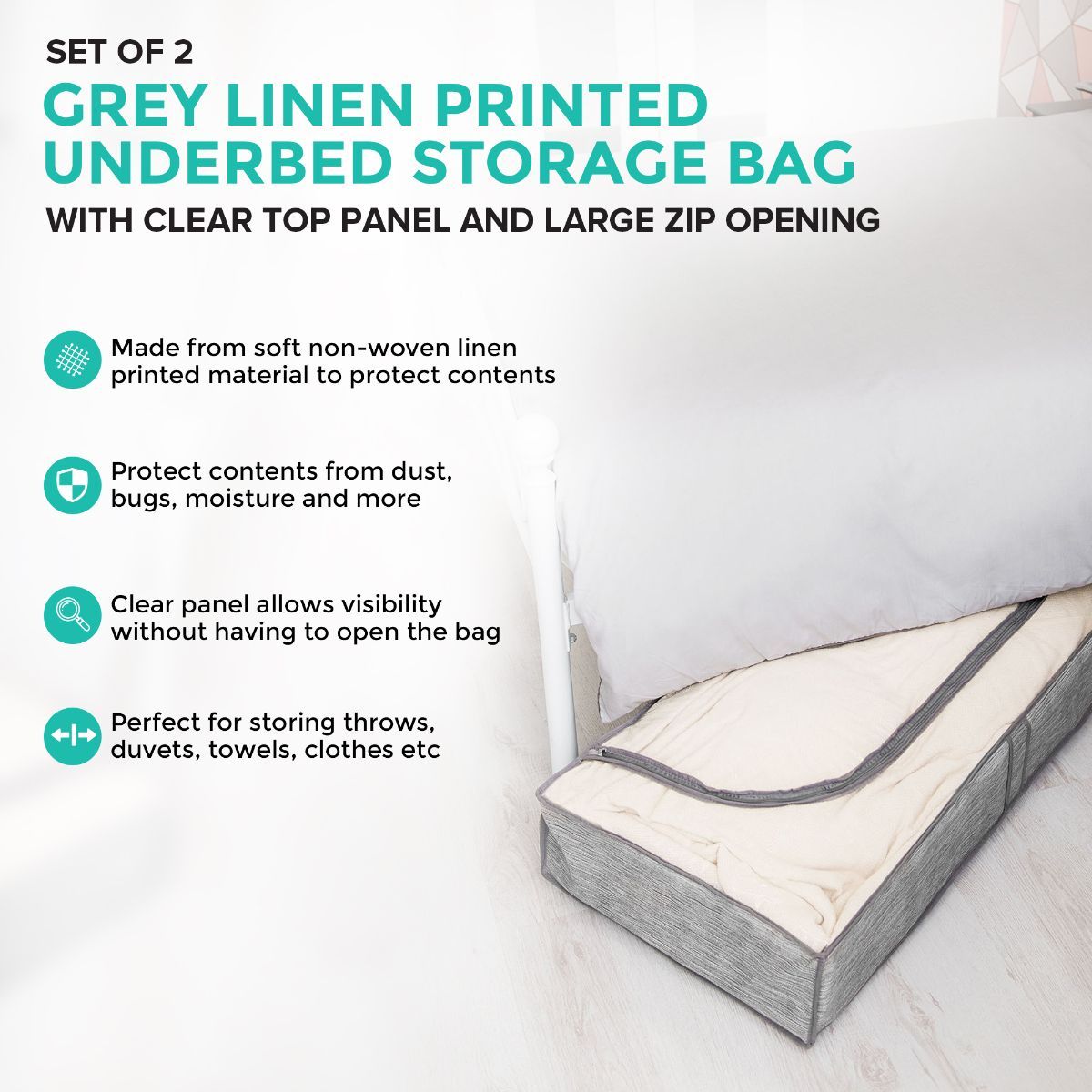 LIVIVO Set of 2 Grey Linen Underbed Storage Bags with Window