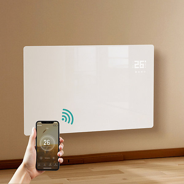 EMKE Radiateur électrique Intelligent 2000W en Verre, WiFi, écran LED Tactile, Murale ou sur Pieds, IP24, Blanc