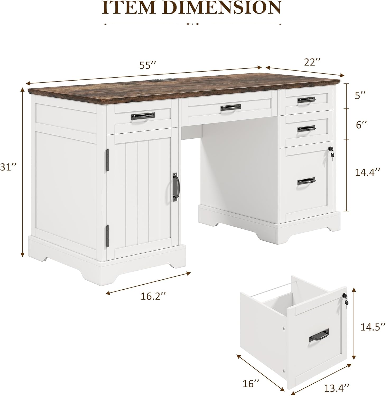 Whalefall 55'' Farmhouse Desk Home Office with Drawers, Executive Computer Desk Wooden with File Cabinet and Charging Station, White