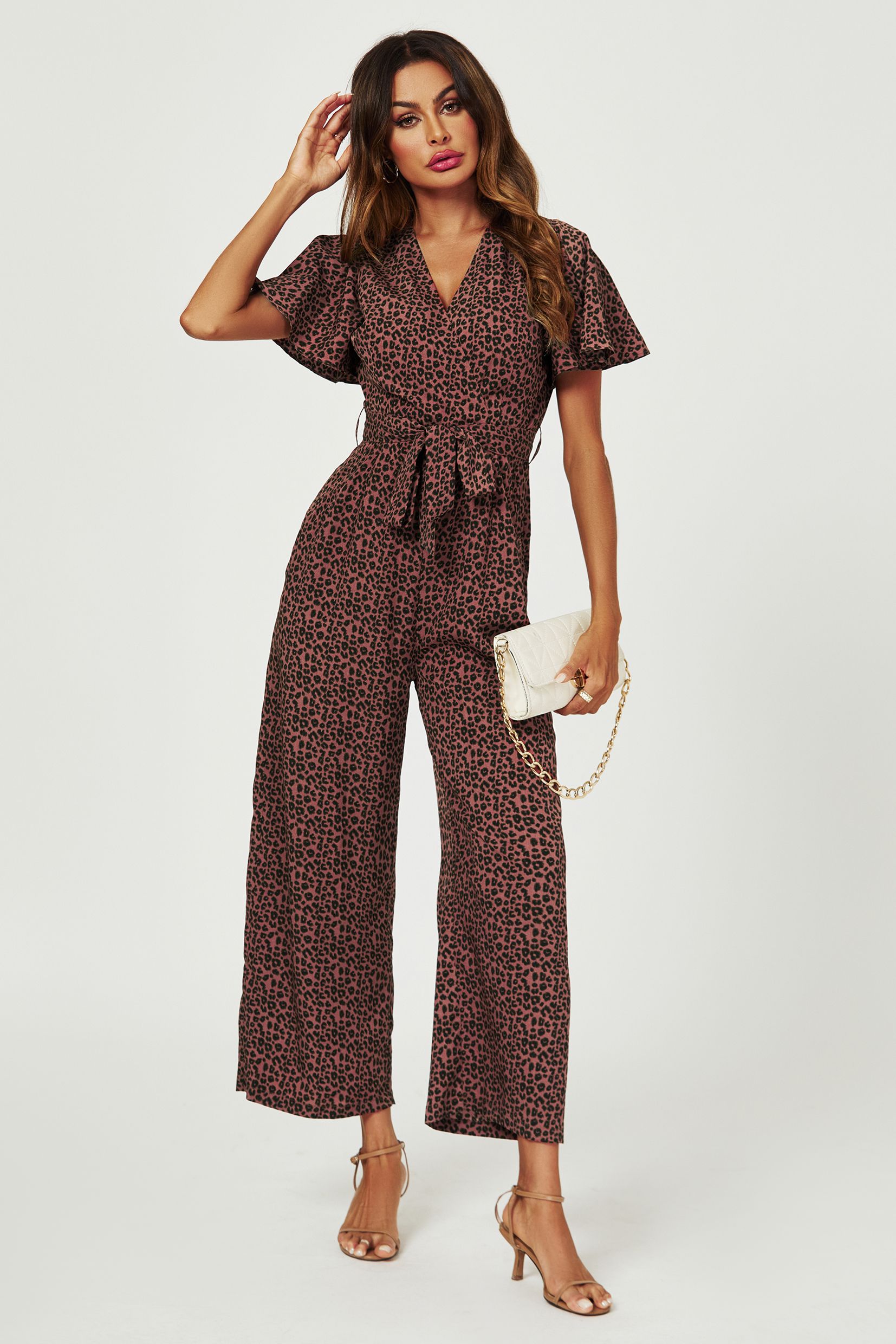 FS Collection Leopard Print Wrap Top Jumpsuit In Rusty