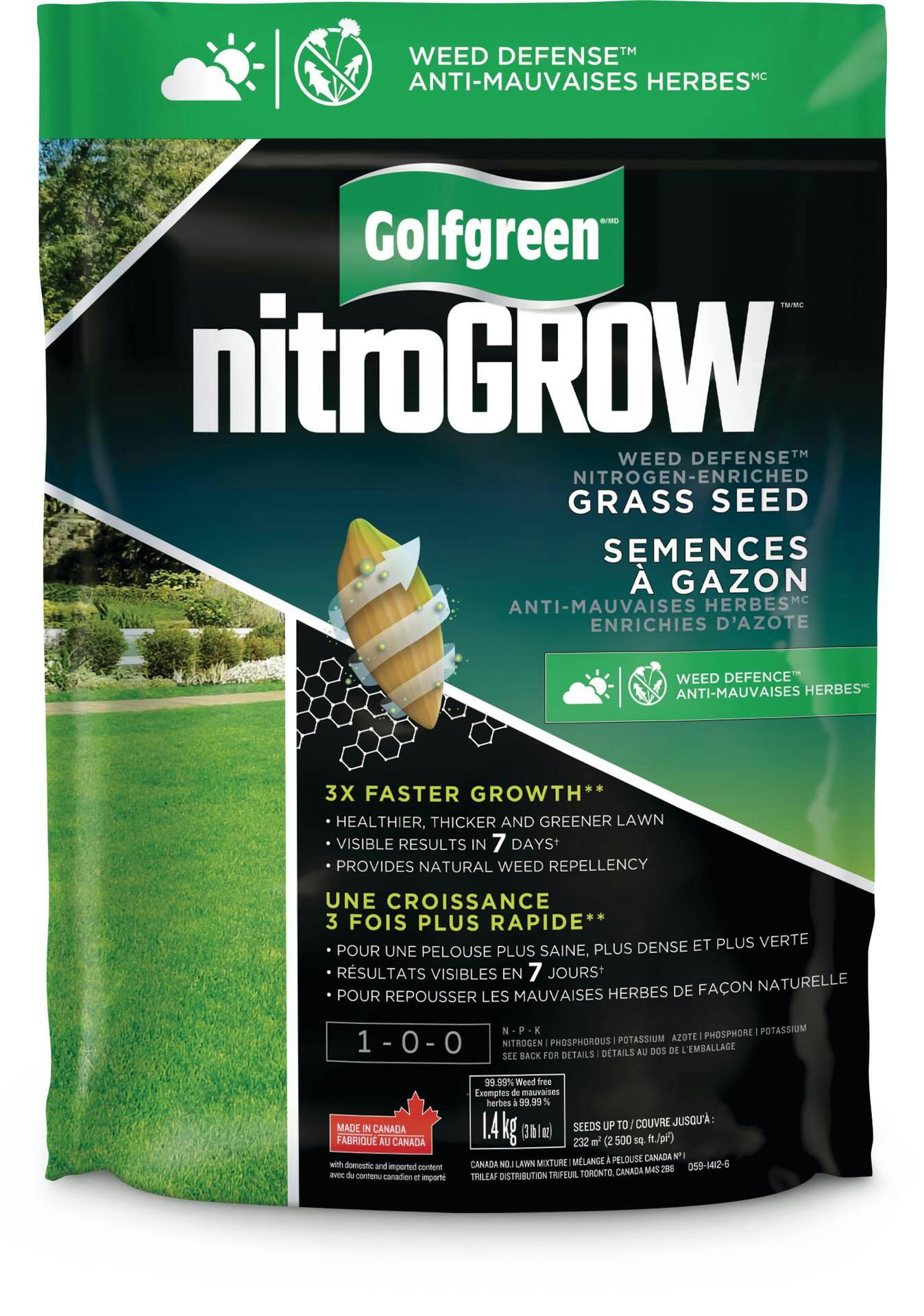 Golfgreen NitroGROW Sun & Shade Weed Defense Grass Seed & Fertilizer Mix, 1-0-0, 1.4-kg