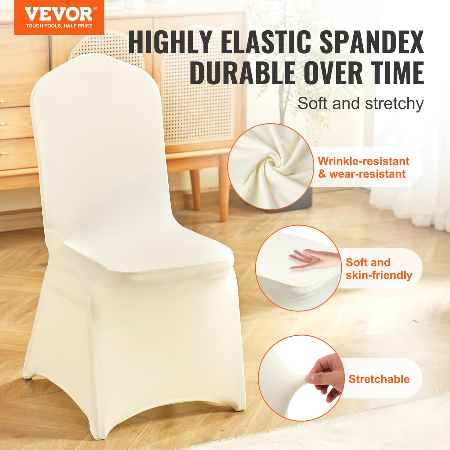 VEVOR 50 Pcs Flat-Front Chair Covers Polyester Spandex Chair Cover Stretch Slipcovers, Wedding, Holiday, Banquet, Party, Celebration, Dining, Beige