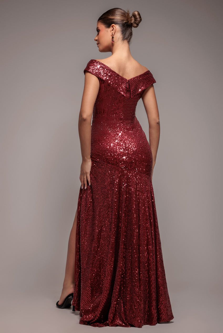 Goddiva Bardot Sequin Pleated Maxi Dress