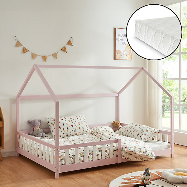 Lit cabane Hesel avec matelas à mousse froid 120 x 200 cm rose en.casa