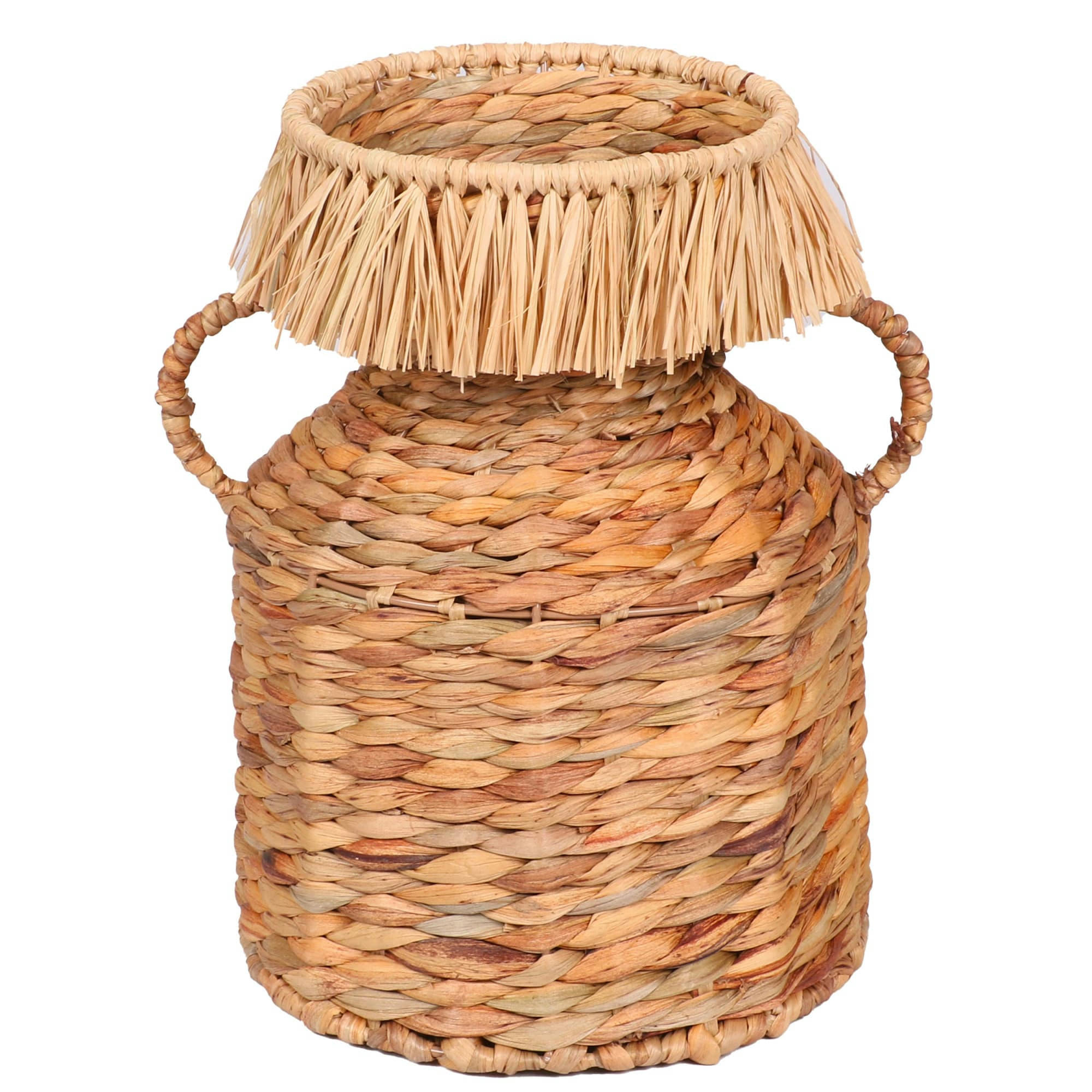 - Panier déco tressé en jacinthe d'eau avec frange et anses - 22x22x30cm