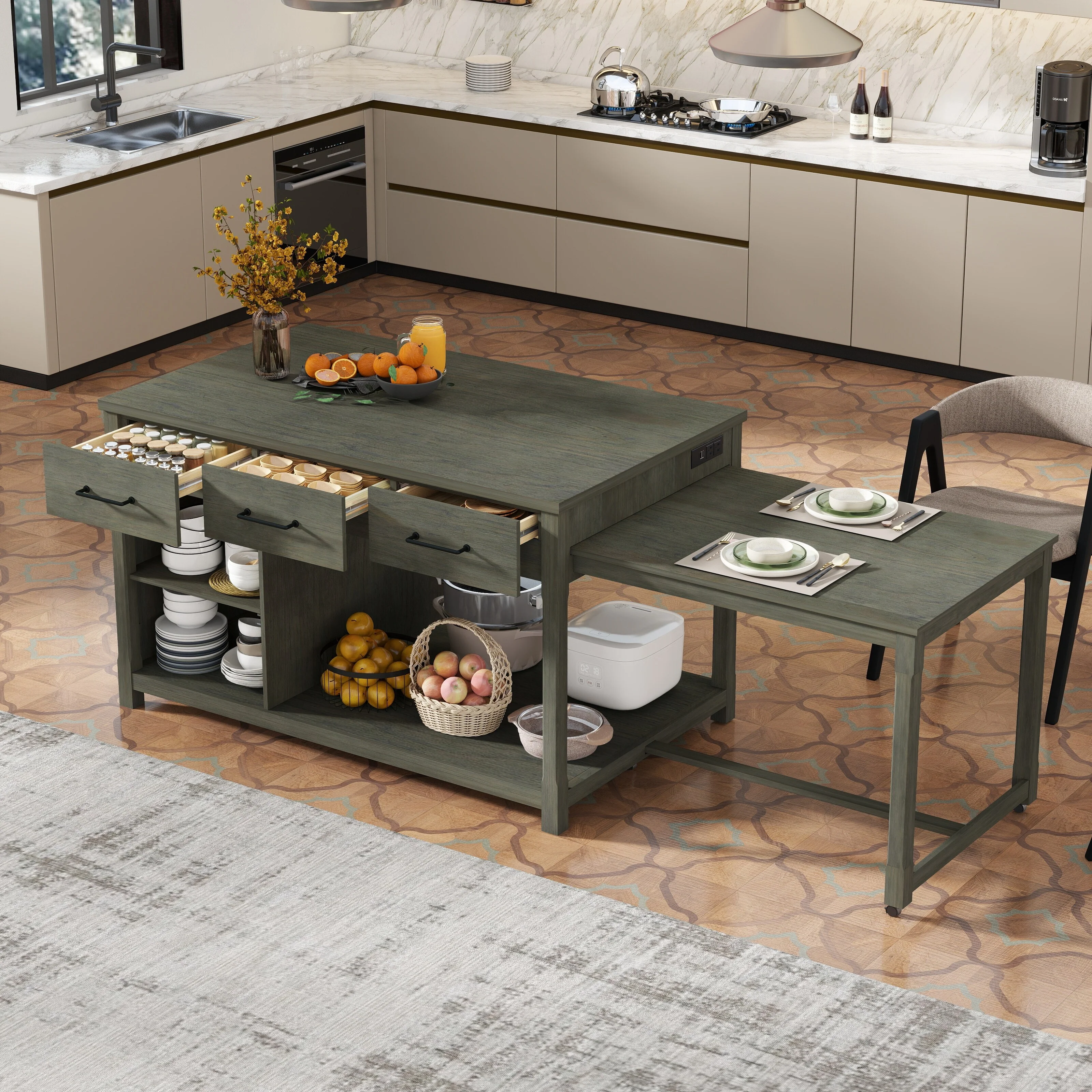 Extendable Kitchen Island with Storage & Open Shelves, Rolling Kitchen Island Cart with Built-In Power Outlets & Drawers