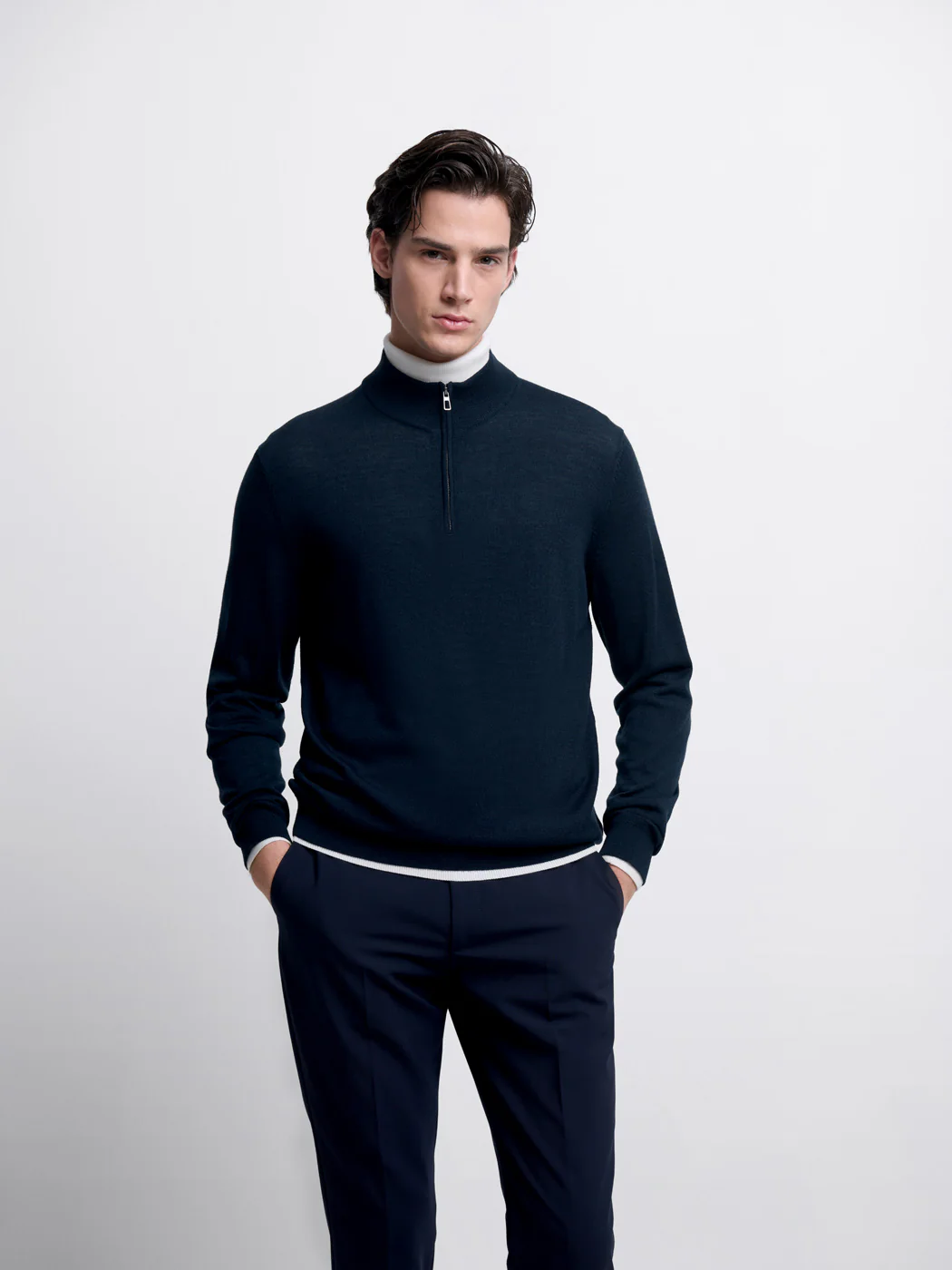 Pull col cheminée zippé en laine Mérinos