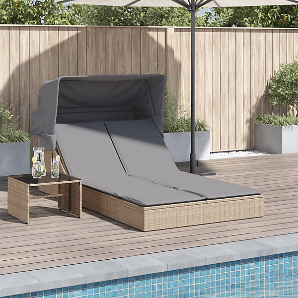 Chaise longue double avec auvent et coussins beige poly rotin vidaXL