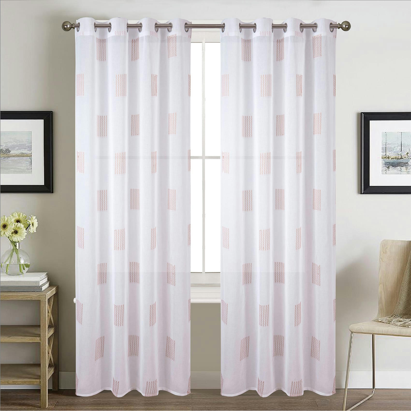 - Paire de voilages à rayures brodés polyester brique 140x240 cm