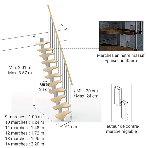 Escalier droit 13 marches - Hauteur à franchir de 2.81 à 3.33m - Largeur 61cm - Couleur naturel et blanc - MINI61/I/SGMNAT-13