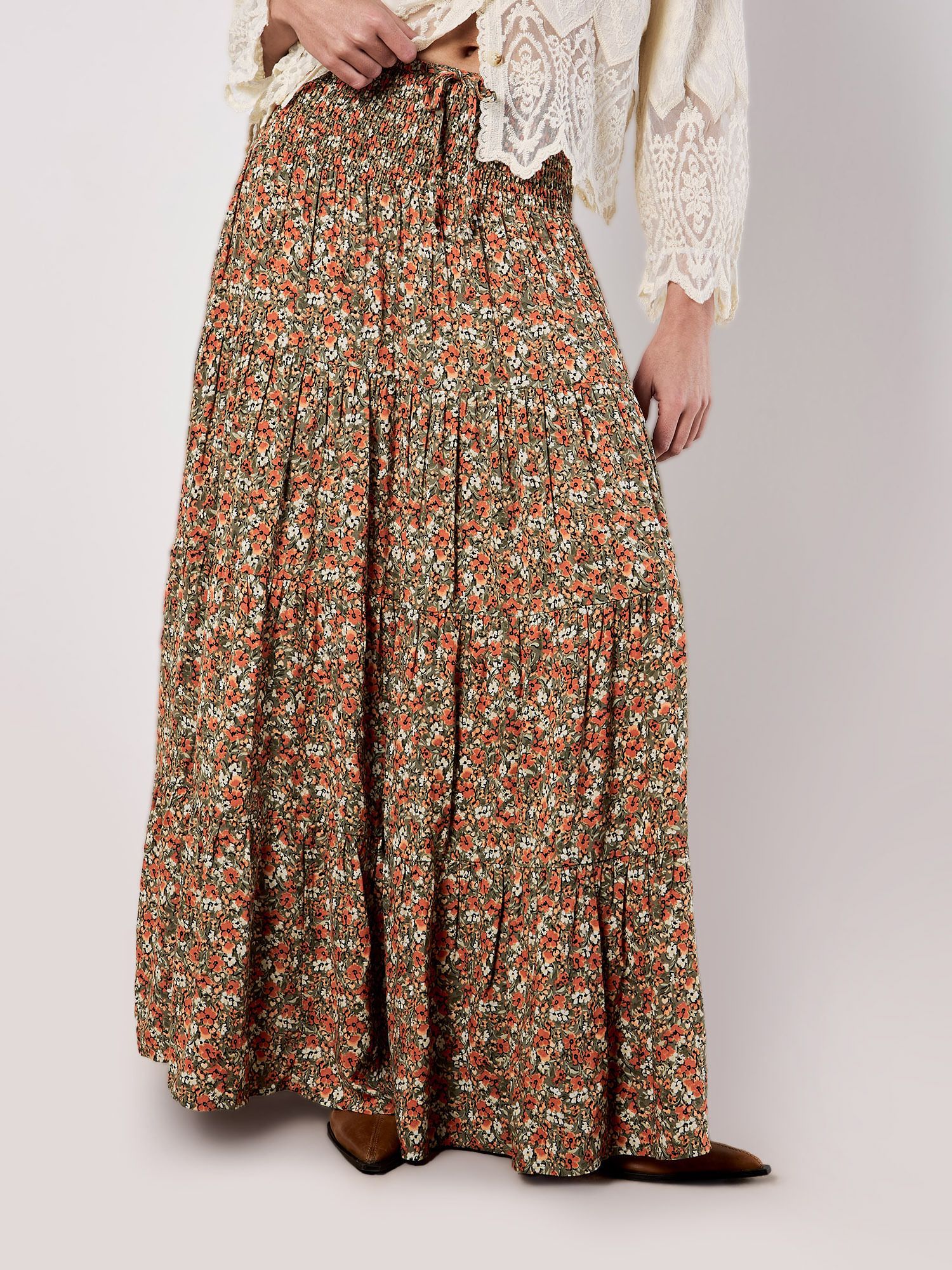 Apricot Ditsy Floral Tiered Maxi Skirt