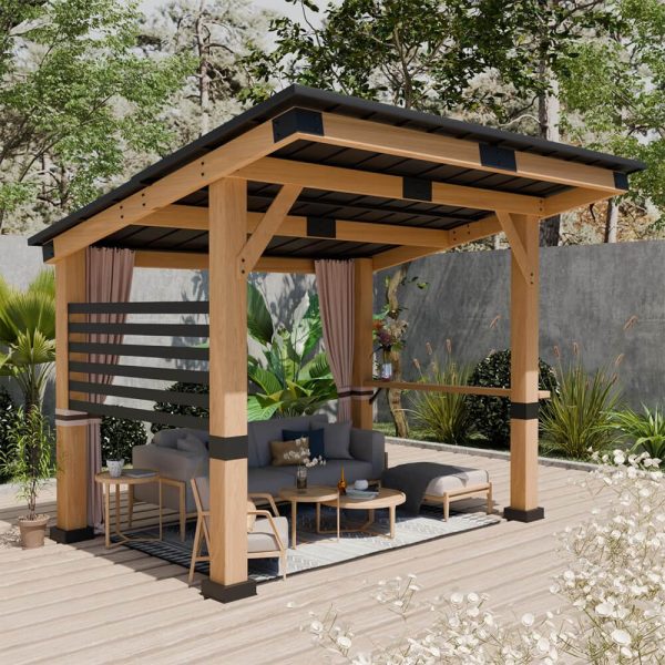 [10x12FT] Heavy Duty Premium Outdoor All-Season Wooden Cedar Hardtop Gazebo With Metal Roof  Back Curtains (SAK57184)(Buy 1)