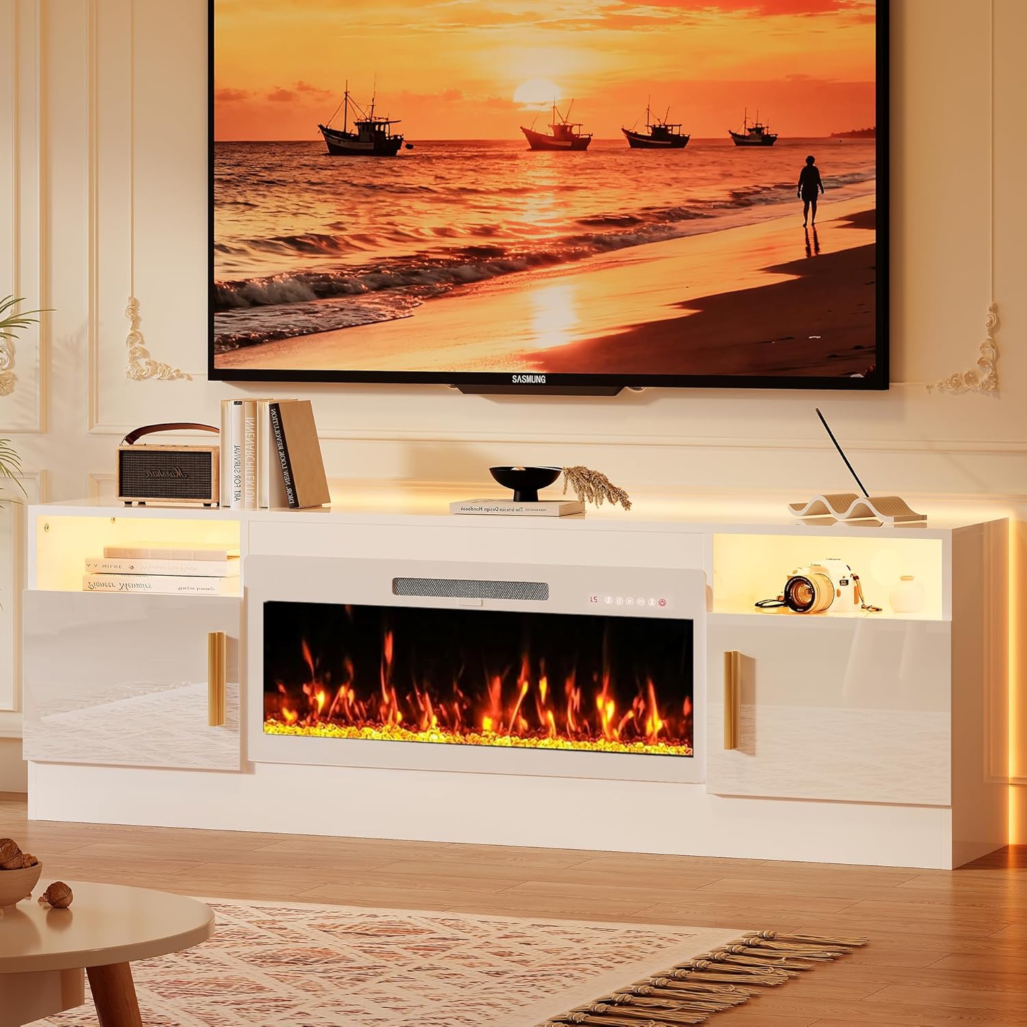Fireplace TV Stand with 36’’ Electric Fireplace, 70'' TV Media Entertainment Center with Fireplace Up to 80 inch,Modern LED TV Console with High Gloss Cabinet for Living Room