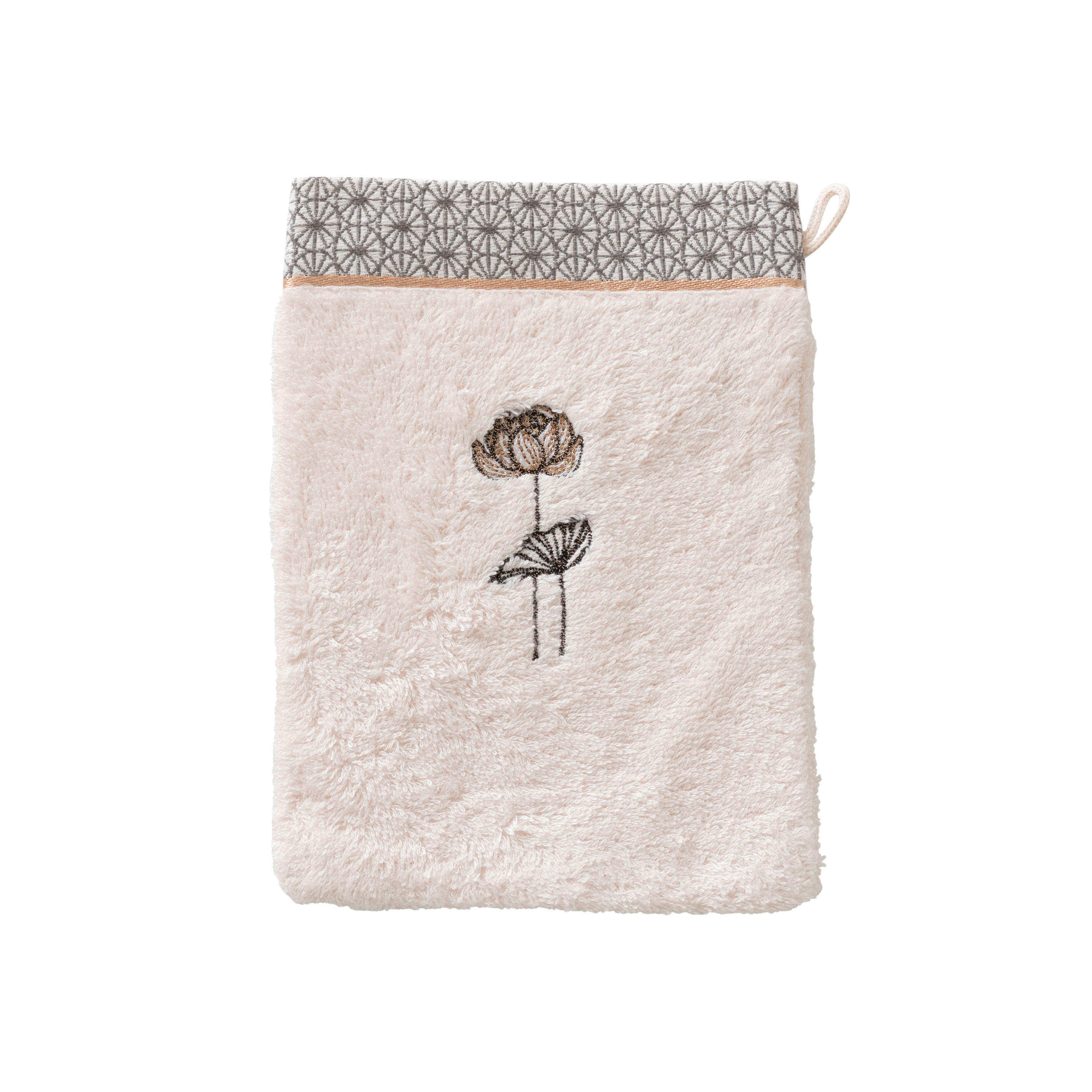 LOTUS - Gant de toilette Rosee bouclette brodé jacquard rose 15 x 21 cm