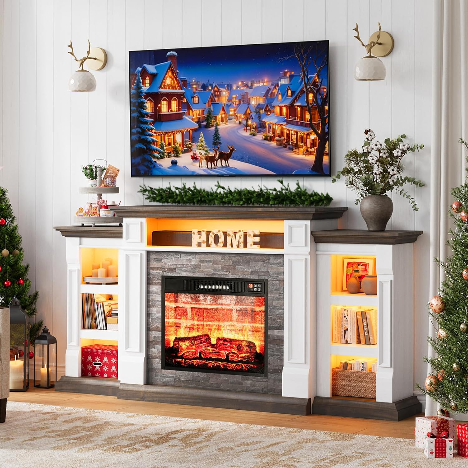 Naice 72 Electric Fireplace with Mantel and Cabinets, Fireplace TV Stand for TVs up to 80, LED Light & Power Outlet, 23in Insert Heater w/Realistic Red Brick Flame for Living Room Bedroom,Brown