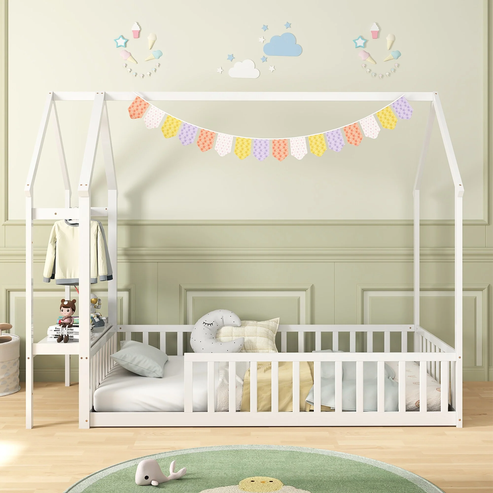 Gymax Twin House Floor Bed w/ Storage Shelf & Detachable Clothes