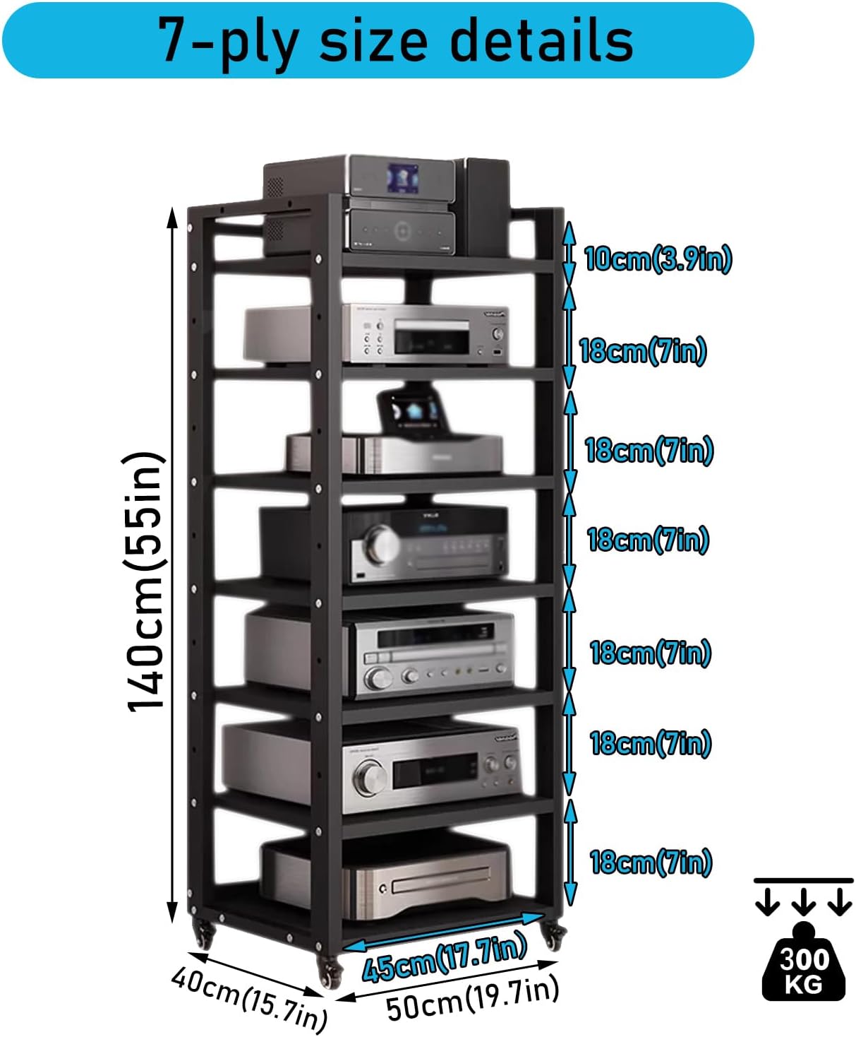 7 Tier Audio Rack Tower  CD Record Player Stereo Receiver AV Equipment Cabinet Display Rack  Weight Capacity 661 lbs  with Adjustable Wooden Shelves for Home (7 Tier Black)