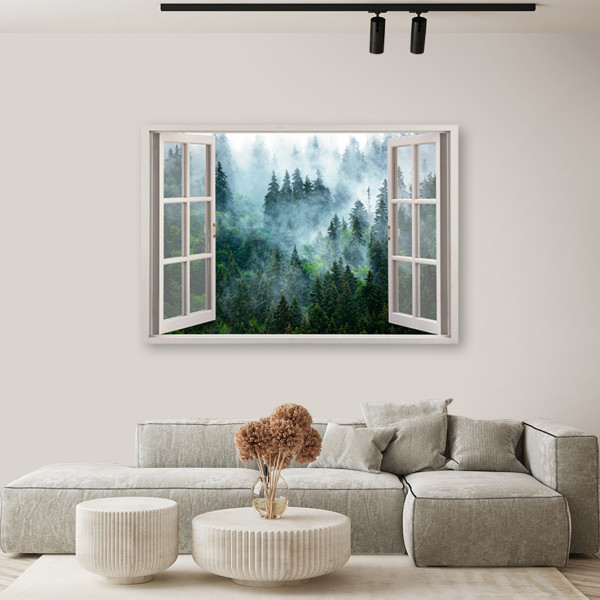 Feeby Obraz, Okno Zielony las we mgle natura 60x40