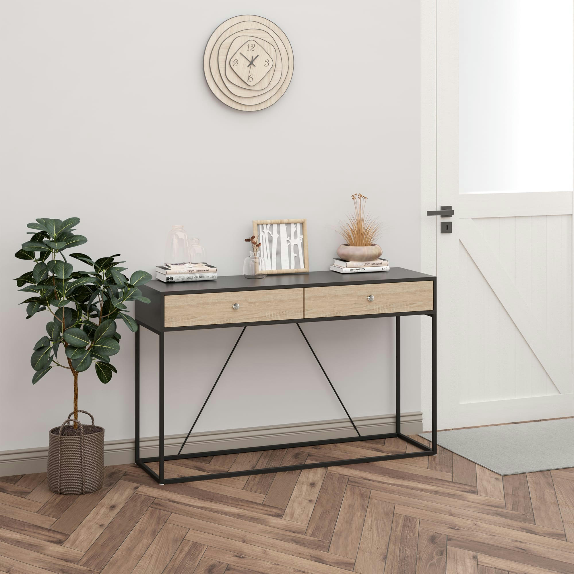 - Console design 2 tiroirs métal aspect bois chêne clair et noir
